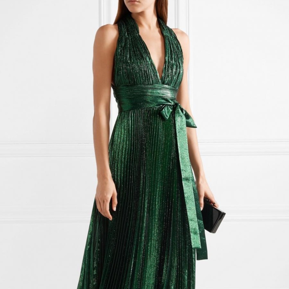Ellie saab plisse lamé crepe georgette green dress